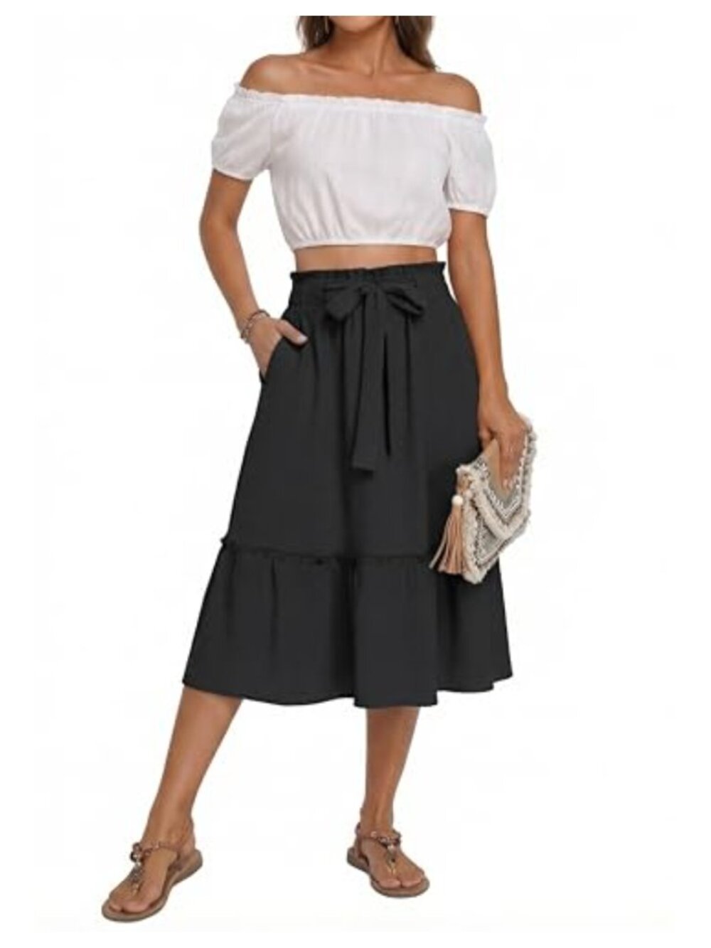 Flowy Midi A-Line Skirt with Pockets High Waist Boho Tiered